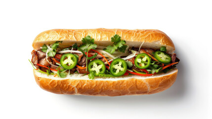 Isolated Vietnamese bánh mì on black background, marinated pork, pickled veggies, and vibrant ingredients