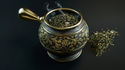 Isolated mate cup on white background, yerba mate leaves and bombilla in minimalist style