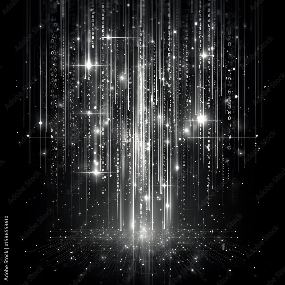 Poster abstract digital matrix background with binary code and glowing particles shining dramatically