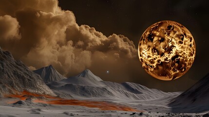 A dramatic, desolate alien landscape featuring a volcanic terrain with flowing orange lava, rugged mountains, dark clouds, and a fiery, glowing planet or star dominating the dark sky.