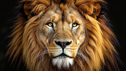 Naklejka premium Magnificent Lion Head with Intense Gaze and Golden Mane Against a Dark Background