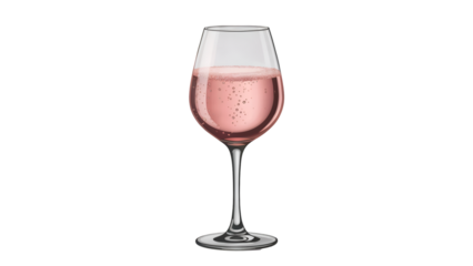 A photorealistic digital illustration of a stemmed wine glass filled with light pink sparkling rosé wine against a white background the glass is transparent and the liquid
