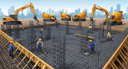 Construction site with workers building a foundation, using heavy machinery and rebar.