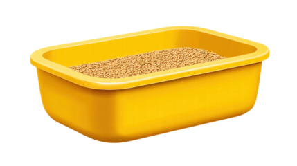 Yellow litter box isolated on transparent background with cat litter inside
