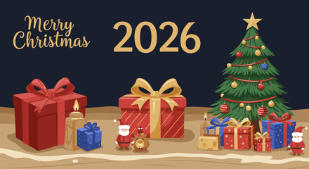 Merry Christmas 2026 with decorated tree and wrapped gifts  