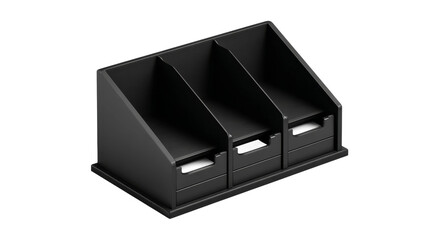 Black Wooden Desktop Organizer With Dividers And Drawers.