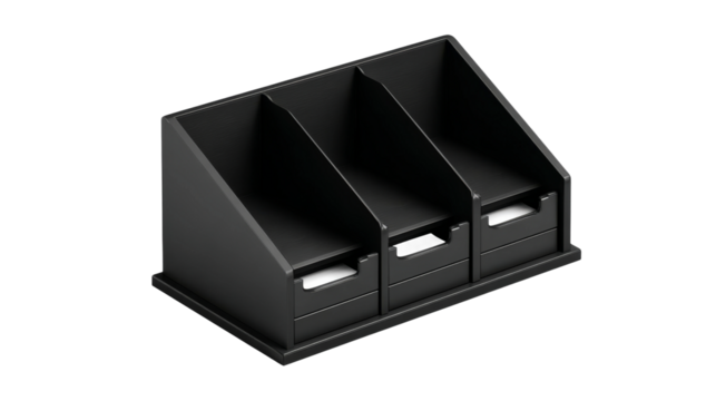 Black Wooden Desktop Organizer With Dividers And Drawers.
