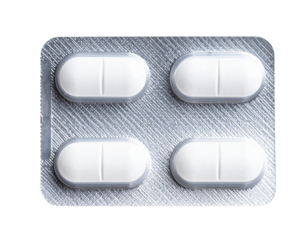 Clear blister pack for pills or capsules with blank branding label, isolated on a transparent background