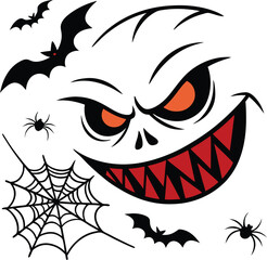 Evil Halloween Face with Spiders and Bats  Flat Vector Scary Illustration