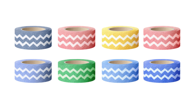 Washi tape rolls isolated on transparent background with colorful zigzag pattern for crafting