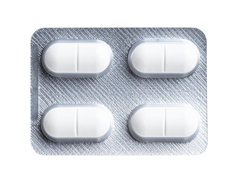 Clear blister pack for pills or capsules with blank branding label, isolated on a transparent background