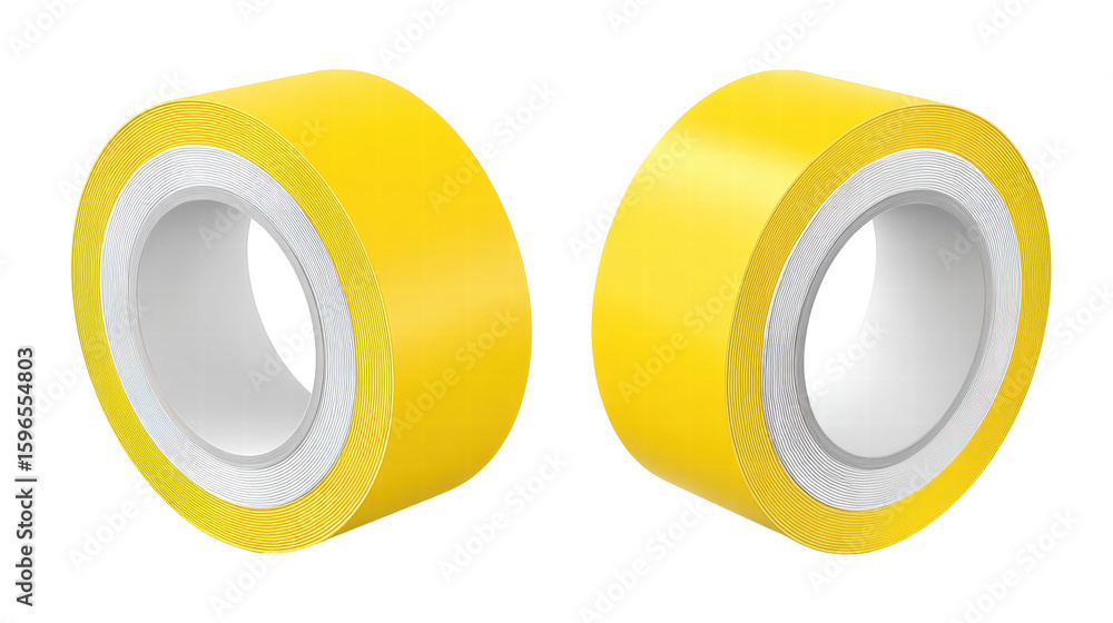 Poster yellow adhesive tape isolated on transparent background with clear view of roll side and front