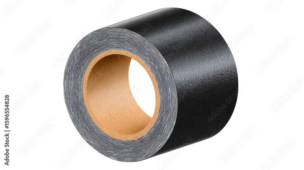 Poster roll of black adhesive tape isolated on transparent background with smooth texture