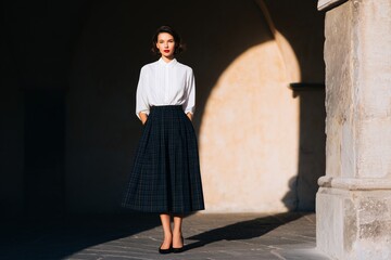 Elegant Woman in Retro Skirt Under Historic Stone Archway