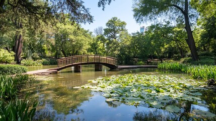 Fototapeta premium Serene park scene with wooden bridge over tranquil pond, lush greenery, and water lilies