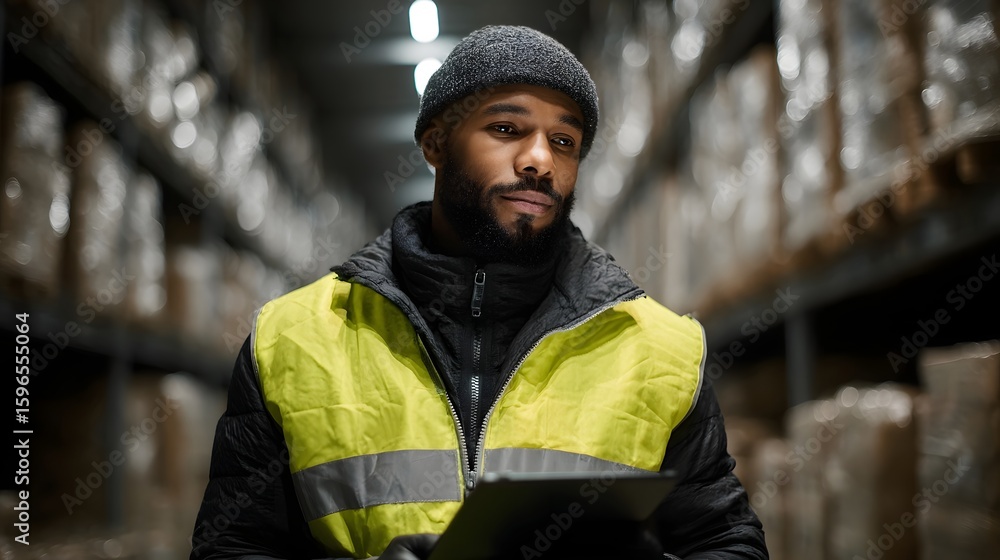 Poster worker scanning barcode in warehouse with efficient lighting