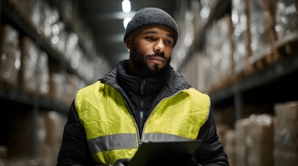 Worker scanning barcode in warehouse with efficient lighting