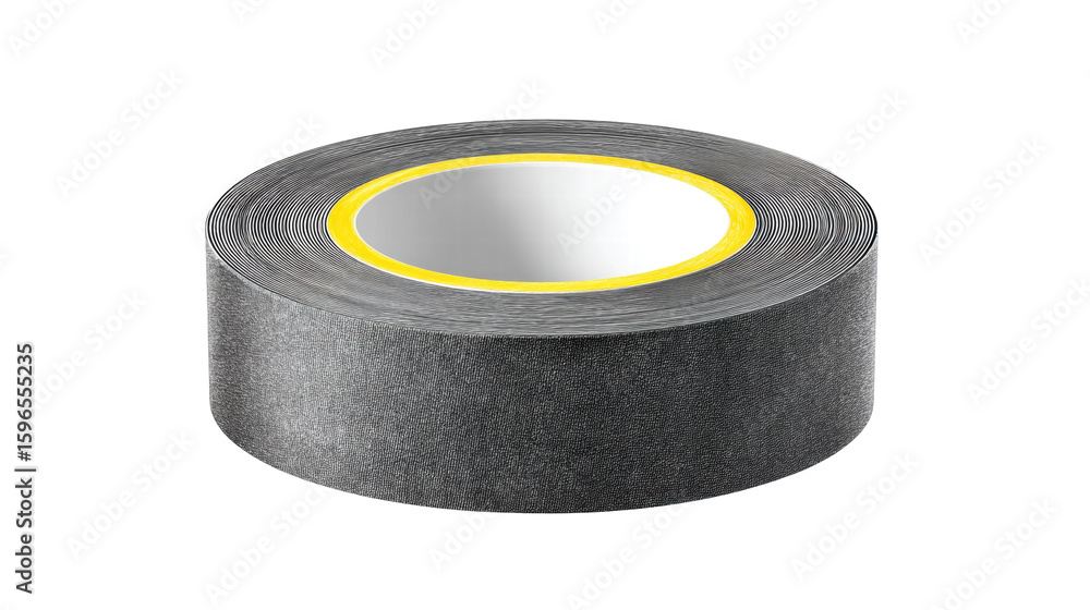 Poster black adhesive tape roll isolated on transparent background with smooth texture