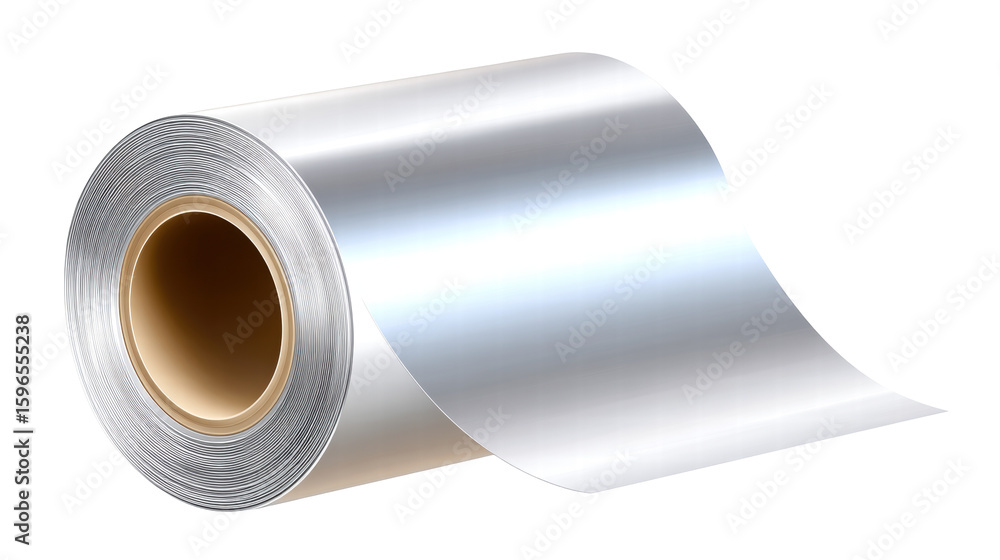 Poster roll of shiny metal foil isolated on transparent background with smooth texture and reflection