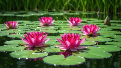 Vibrant pink water lilies bloom serenely on a tranquil pond surrounded by lush green lily pads and foliage.