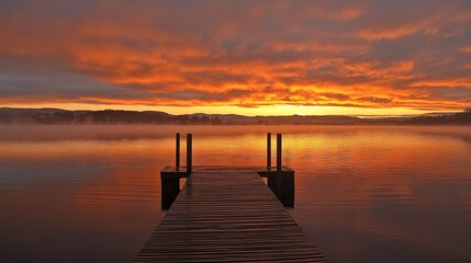 Obraz premium Serene sunrise over a misty lake, reflected in still waters, with a small wooden dock extending into the calm