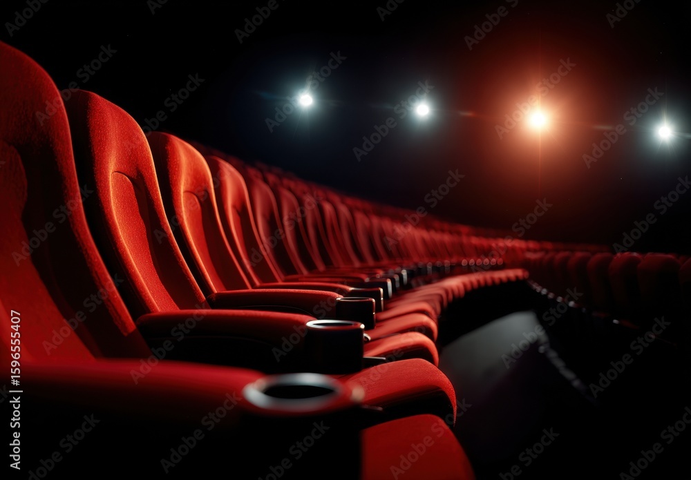 Poster row of red plush seats in a dimly lit movie theater, illuminated by lights from the projector in the