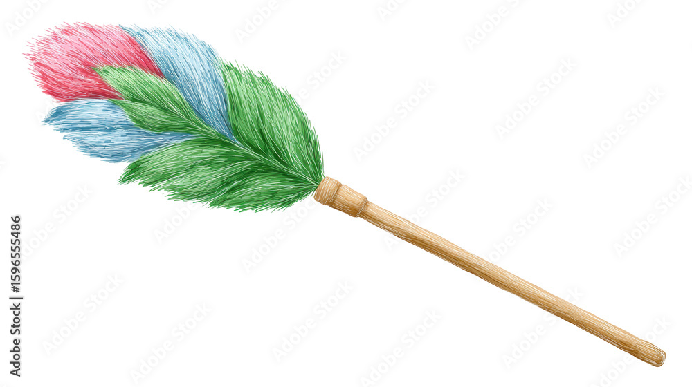 Poster feather duster isolated on transparent background with colorful soft feathers and wooden handle