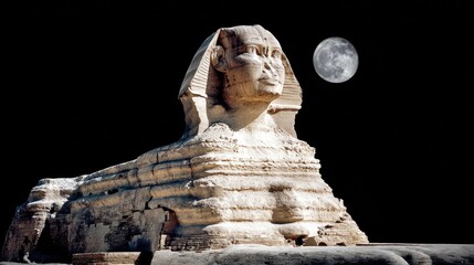Great Sphinx of Giza Under a Full Moon at Night