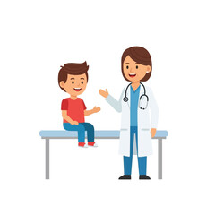 A young boy sits on an examination table while a smiling female doctor stands beside him, gesturing.