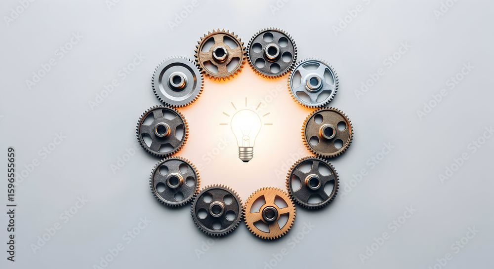 Poster engineering an idea: gears of teamwork surrounding an innovation lightbulb