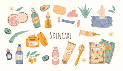 Cosmetic beauty products in bottles, jars set. Body, face care, skincare hygiene essences. Cream, foam for washing, scrub, soap, sheet mask, spf spray, serum. Skincare routine concept. Vector design