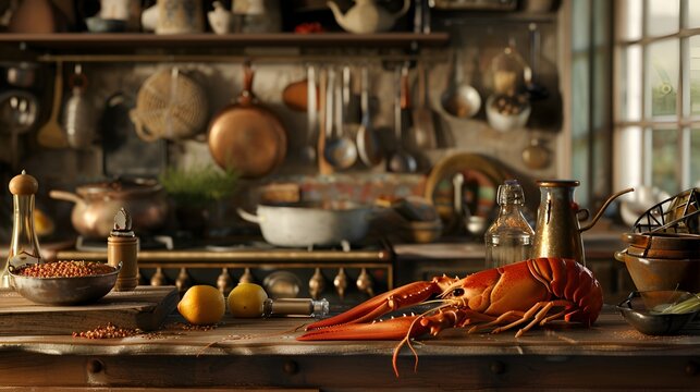 A kitchen counter with live lobsters and an array of spices and cooking utensils.