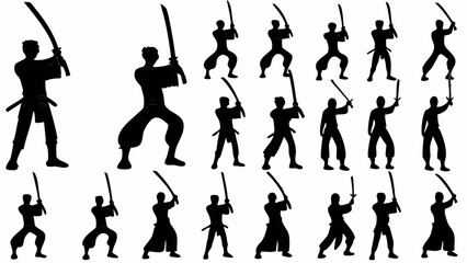 Obraz premium Silhouette collection of samurai warriors in various stances wielding katana swords on a white background