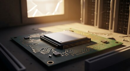 A central processing unit rests on a circuit board, bathed in warm light, within a server room.
