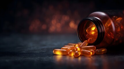 Amber bottle with spilled medication capsules