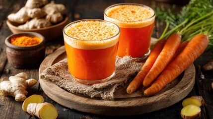 Two Glasses of Carrot Ginger Turmeric Juice on Wooden Tray