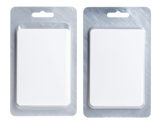 Hanging blister pack with transparent window and blank insert card, isolated on a transparent background