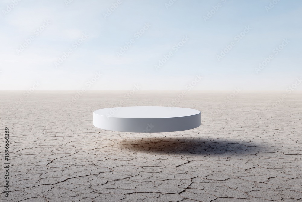 Poster minimalist presentation platform floating above arid cracked earth, emphasizing simplicity and isola