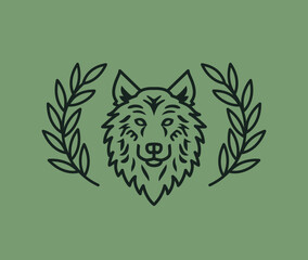 Wreath around Wolf head logo design