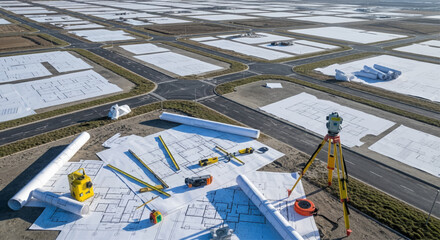 Aerial view of a planned construction site with surveying tools and blueprints.