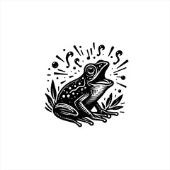 Black and White Frog Singing with Musical Notes.