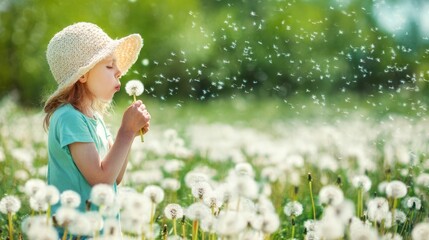 Young girl blowing dandelion seeds in a field.