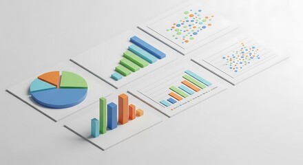Assorted charts and graphs displayed on white sheets, including pie, bar, and scatter plots, showcasing data representation.