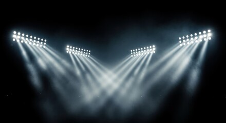 Stadium Lights Shining Brightly Through Smoke on Black Background