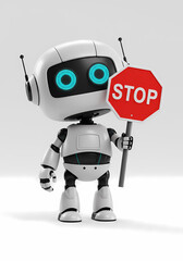 A cute, small robot holds a stop sign, conveying a message of caution or halt.