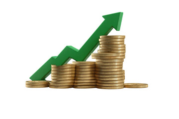 Gold Coins and Upward Green Arrow on Transparent Background