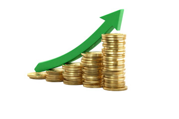 Gold Coins and Upward Green Arrow on Transparent Background