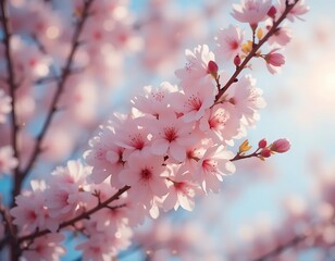 A beautiful close-up of a blossoming branch with delicate pink flowers against a soft blue sky, captured with selective focus to highlight the beauty of spring.