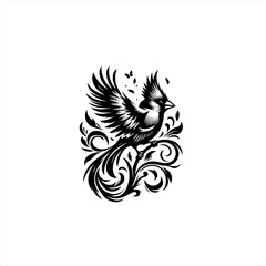 Obraz premium Elegant Black Cardinal Bird with Ornate Swirls.