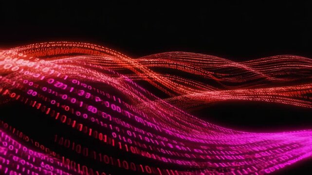 Dynamic Binary Code Waves Animation in Glowing Red and Pink Tones